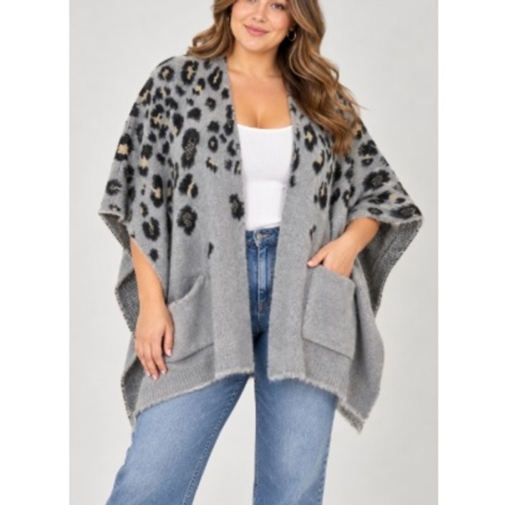Contempo by Justin Taylor Gray Leopard Print Eyelash Poncho Cardigan Size XXL